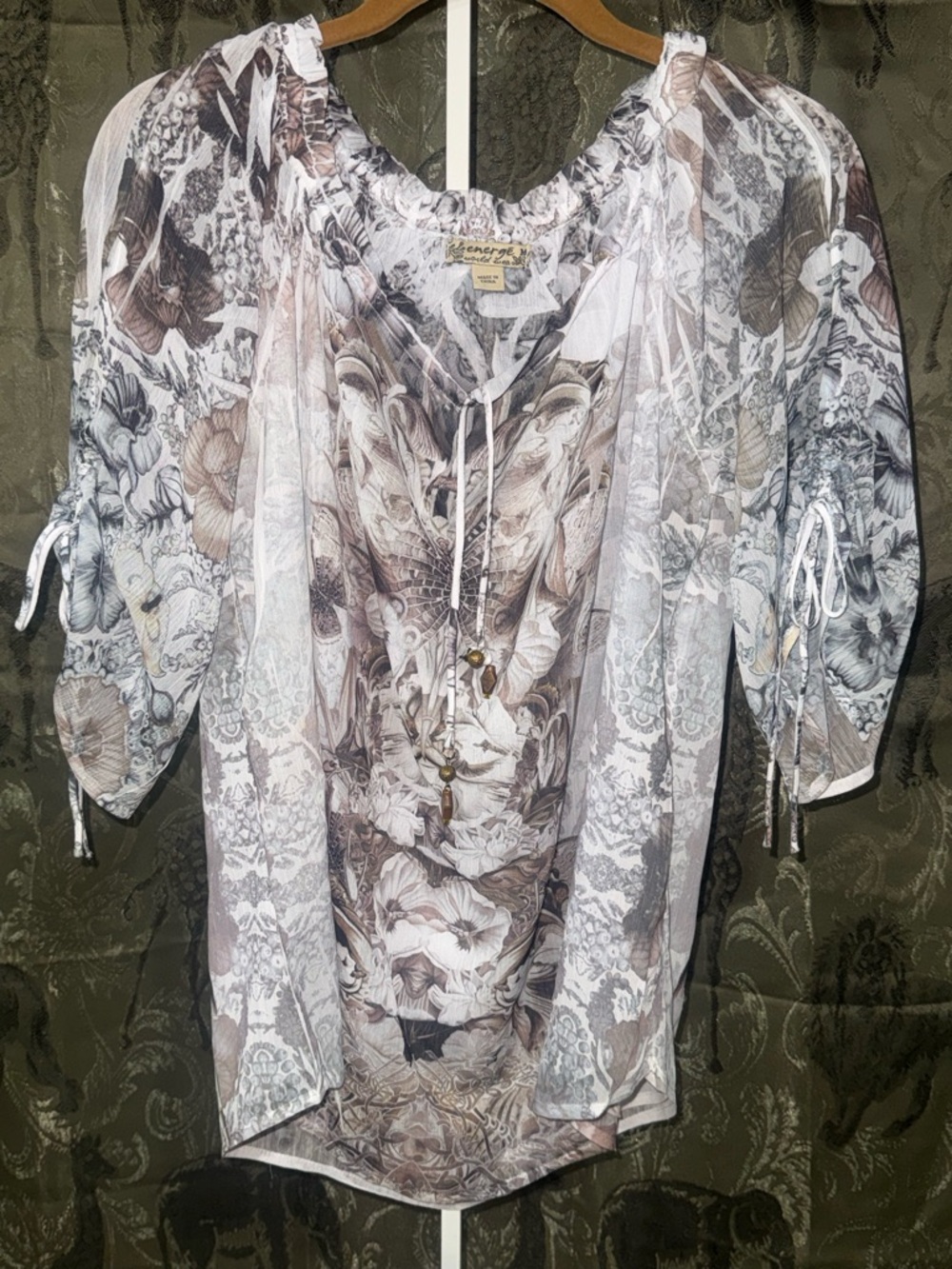 Sheer Floral Paisley Drawstring Tunic in Neutral Beige